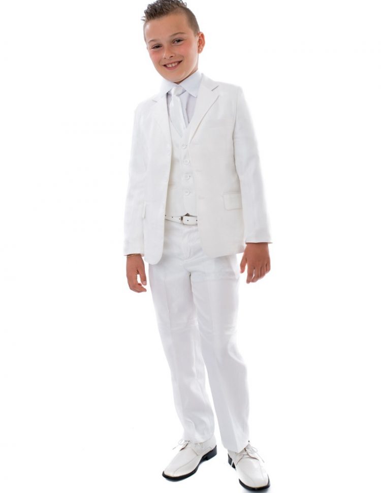 5-delig Kinder kostuum Dylano Wit. Inclusief broek, gilet, jasje, stropdas en wit overhemd