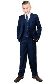 5-delig donker blauw communie kostuum inclusief broek, gilet, jasje, strikje en wit overhemd